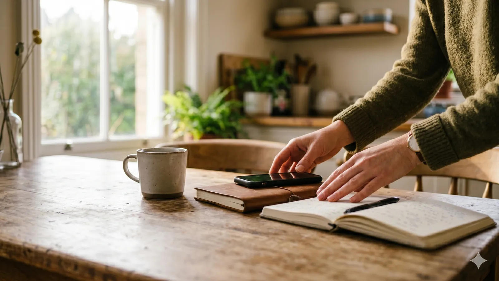 Schreibtisch mit offenem Notizbuch, Smartphone und Kaffeetasse — der Alltag ohne System